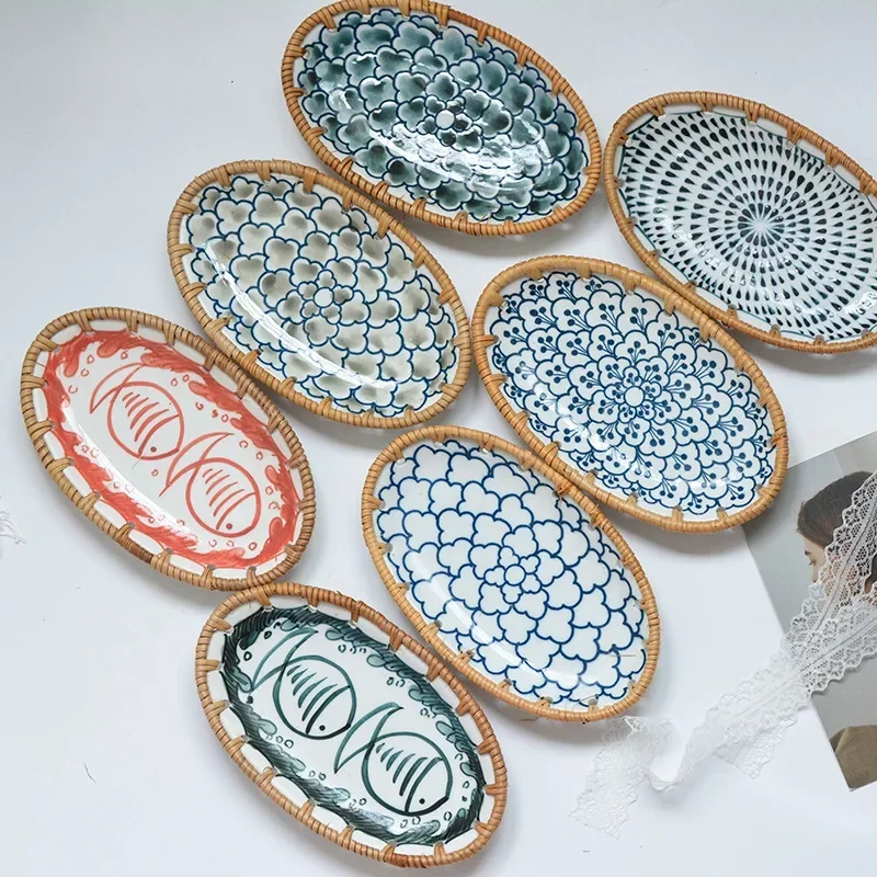 Travertine Tray Oval - Japanese Rattan Woven Ceramic Fruit Tray,